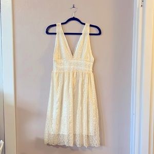 Vintage Cream White Lace Wide Strap V Neck Dress S